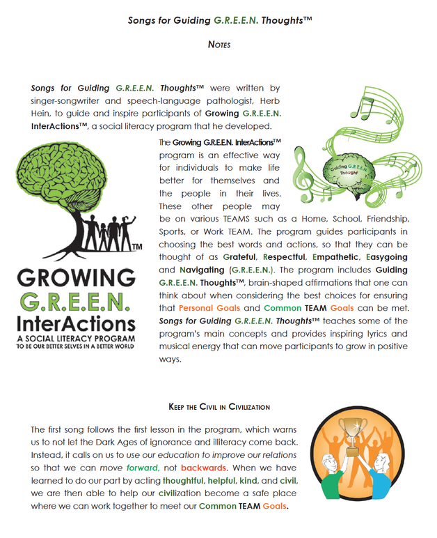 Growing G.R.E.E.N. InterActions Music CD Notes